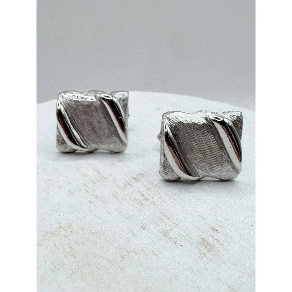 Swank Textured Silver Tone Wavy Rectangle Cufflinks MCM Mid Century Modern
